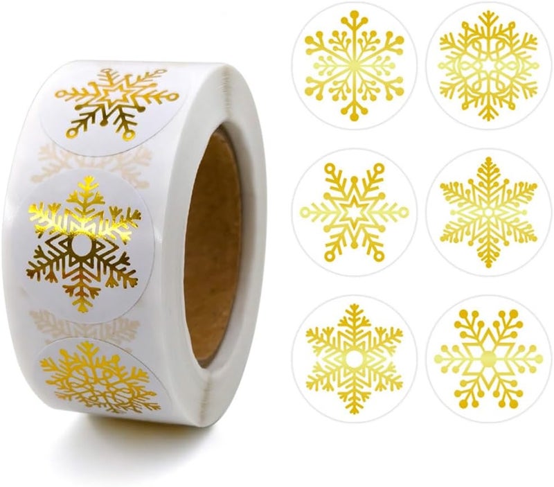RUPOFUZA 500Pcs Christmas Stickers Roll for Cards 6 Designs Gold Foil Snowflake Stickers Clear Xmas Winter Holiday Round Adhesive Label Stickers Decal for Xmas Envelopes Invitations Cards Gifts Decor - Image 1